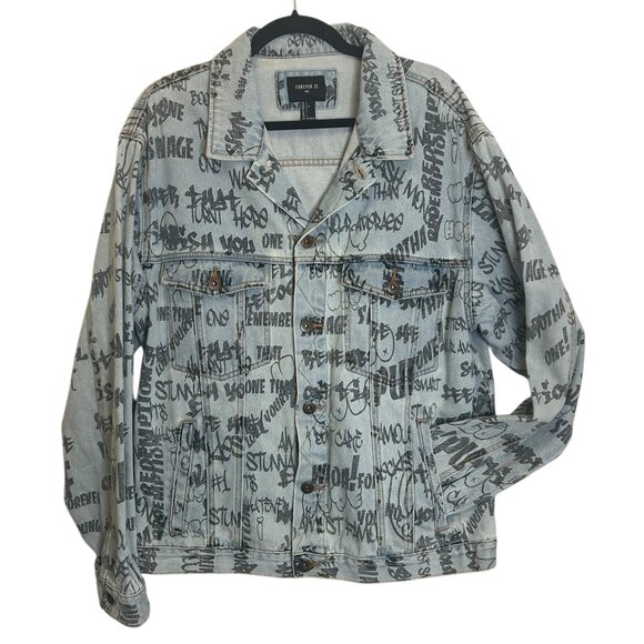 Forever 21 Mens Jean Jacket Graffiti Scribble Denim Cropped Hip Hop Faded Sz L - Picture 1 of 6